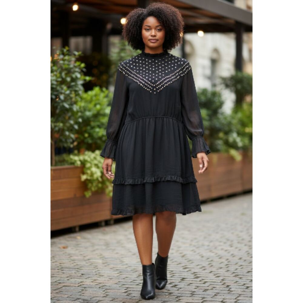 KAREN MILLEN black Eyelet Yoke Ruffle Woven Dress gold stud fringe sz 14